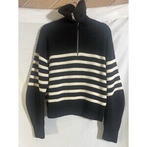 COS Sweater Woman's S Black Cream Striped Wool Cotton Knit Oversized  Half Zip